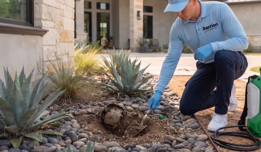 Bastion Pest Control technician kneeling to inspect a wasp nest in a rock landscaping bed beside a home