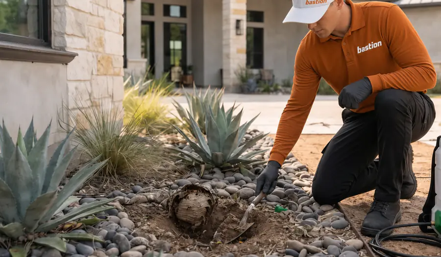 Bastion Pest Control technician kneeling to inspect a wasp nest in a rock landscaping bed beside a home