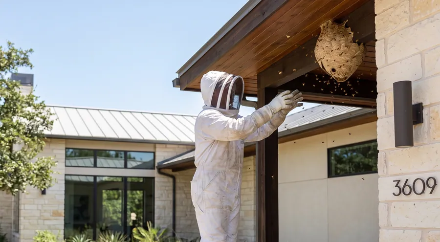 Bastion Pest Control technician in a full protective suit removing a wasp nest from under a roof eave