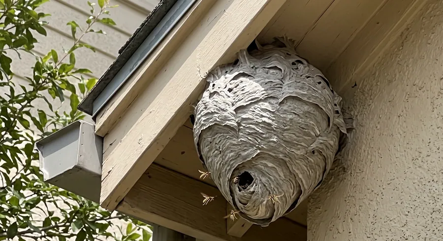 Enclosed gray paper wasp nest built under a roof eave beside a gutter, with yellowjackets flying at the entrance hole