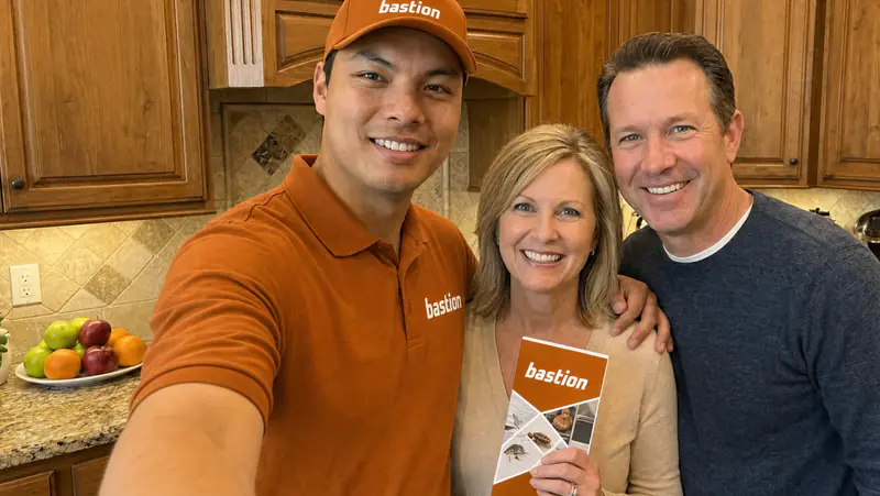 Bastion Pest Control technician in an orange polo and orange cap taking a selfie with two homeowners in their Austin, TX kitchen, who hold a Bastion pest service brochure