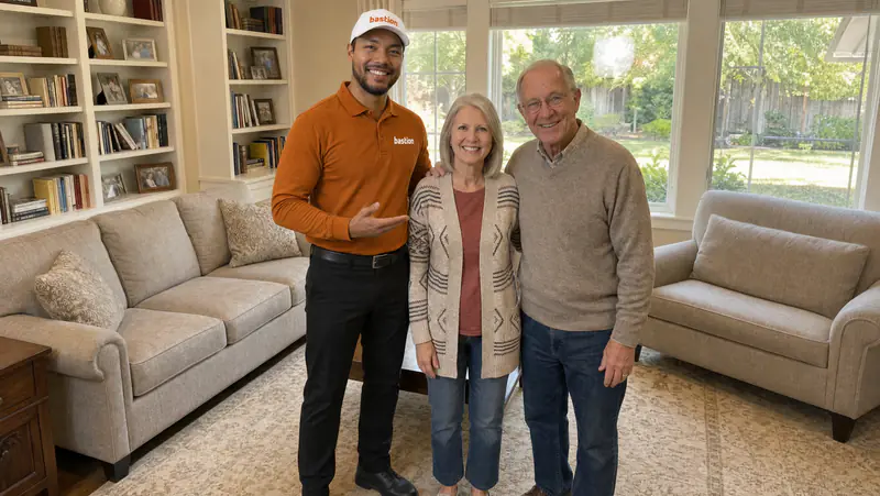 Bastion Pest Control technician in a long-sleeve orange polo and white cap with an older couple in the living room of their Austin, TX home