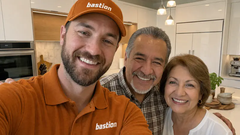 Bastion Pest Control technician in a long-sleeve orange polo and orange cap taking a selfie with two homeowners in their Austin, TX kitchen after a service visit