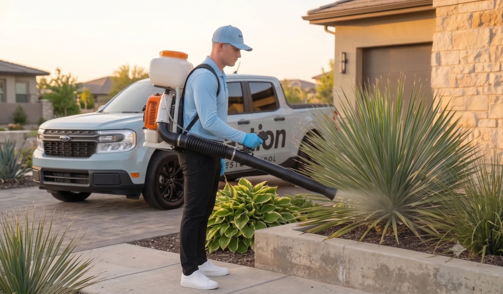 Bastion Pest Control technician performing tick control at an Austin, TX home
