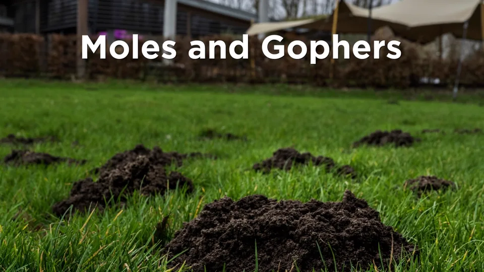 A green lawn dotted with fresh mounds of dark soil under the title Moles and Gophers