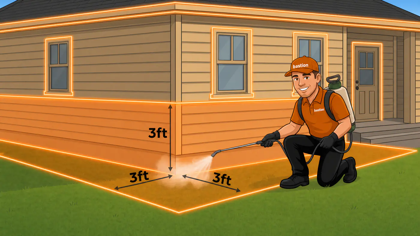 Cartoon of a Bastion Pest Control technician in an orange uniform spraying the foundation barrier, three feet up the wall and three feet out on the ground, plus the band around every window, door and roofline of an Austin, TX home. Layer one of the TriBarrier treatment