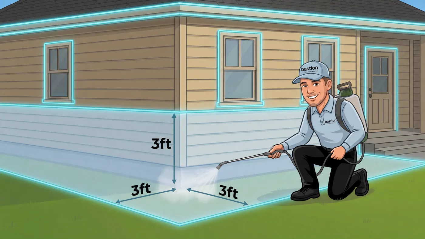 Bastion Pest Control technician treating a home foundation three feet up and three feet out, plus the band around every window, door and roofline, in Austin, TX