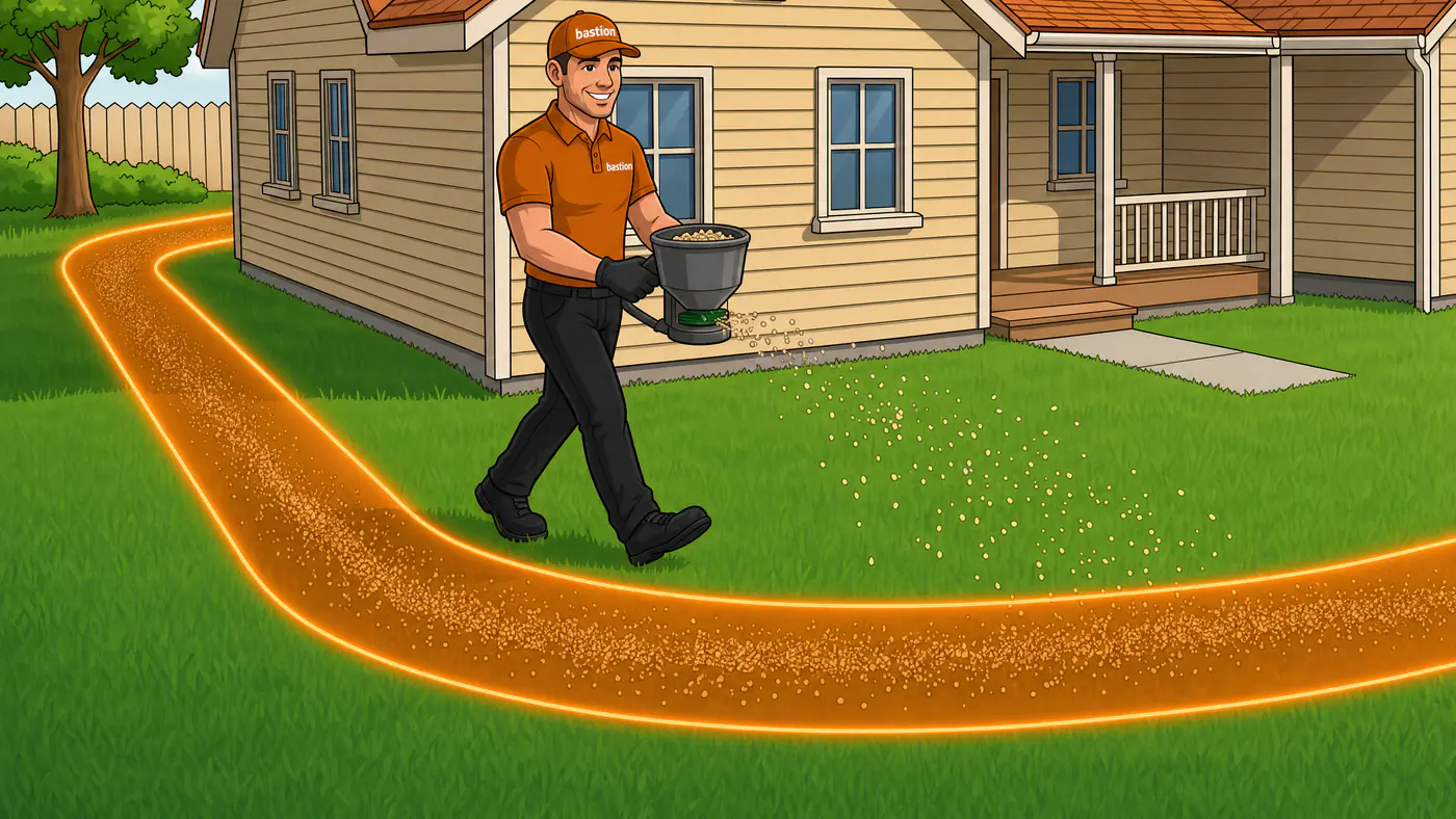 Cartoon of a Bastion Pest Control technician in an orange uniform spreading the granular yard moat, a band of granules across the lawn of an Austin, TX home. Layer two of the TriBarrier treatment