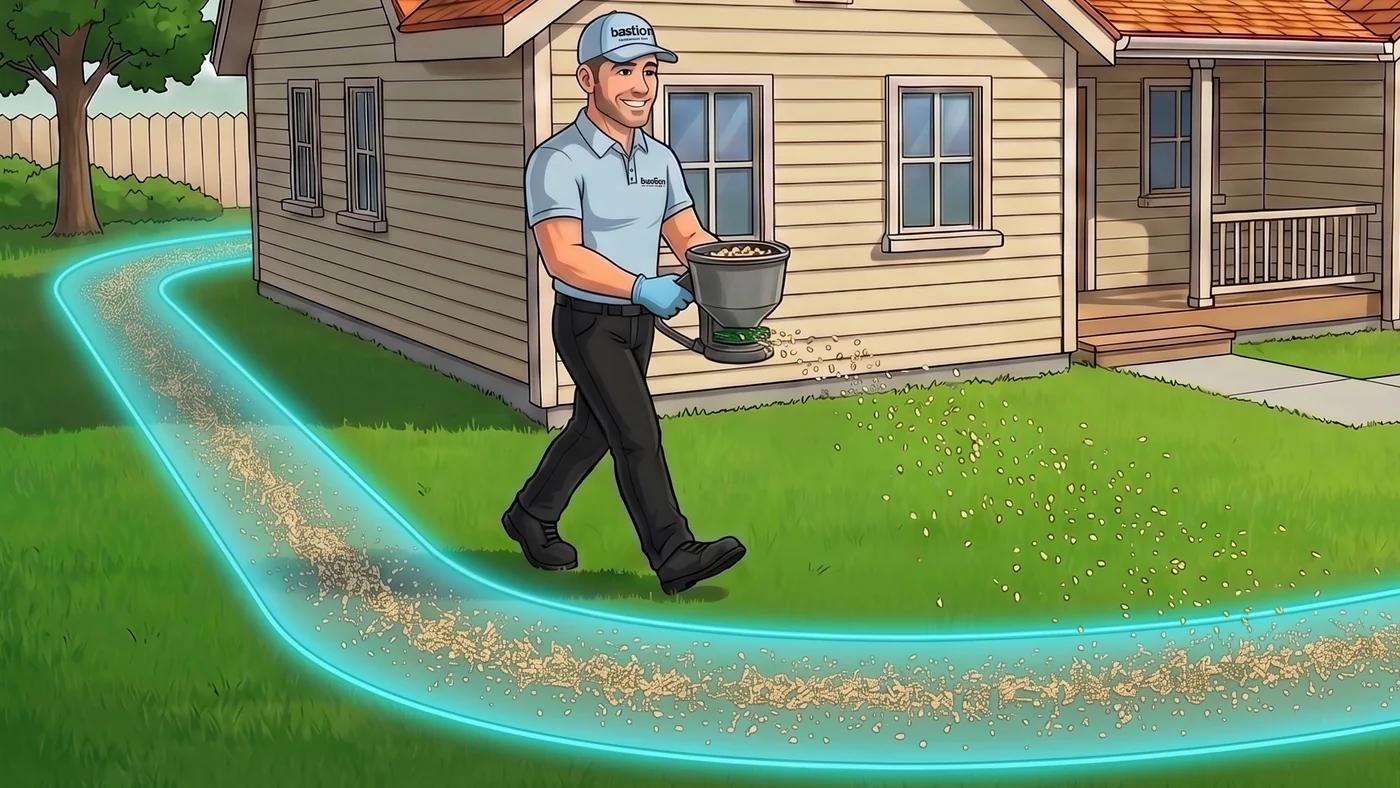 Bastion Pest Control technician spreading the granular yard moat at an Austin, TX home
