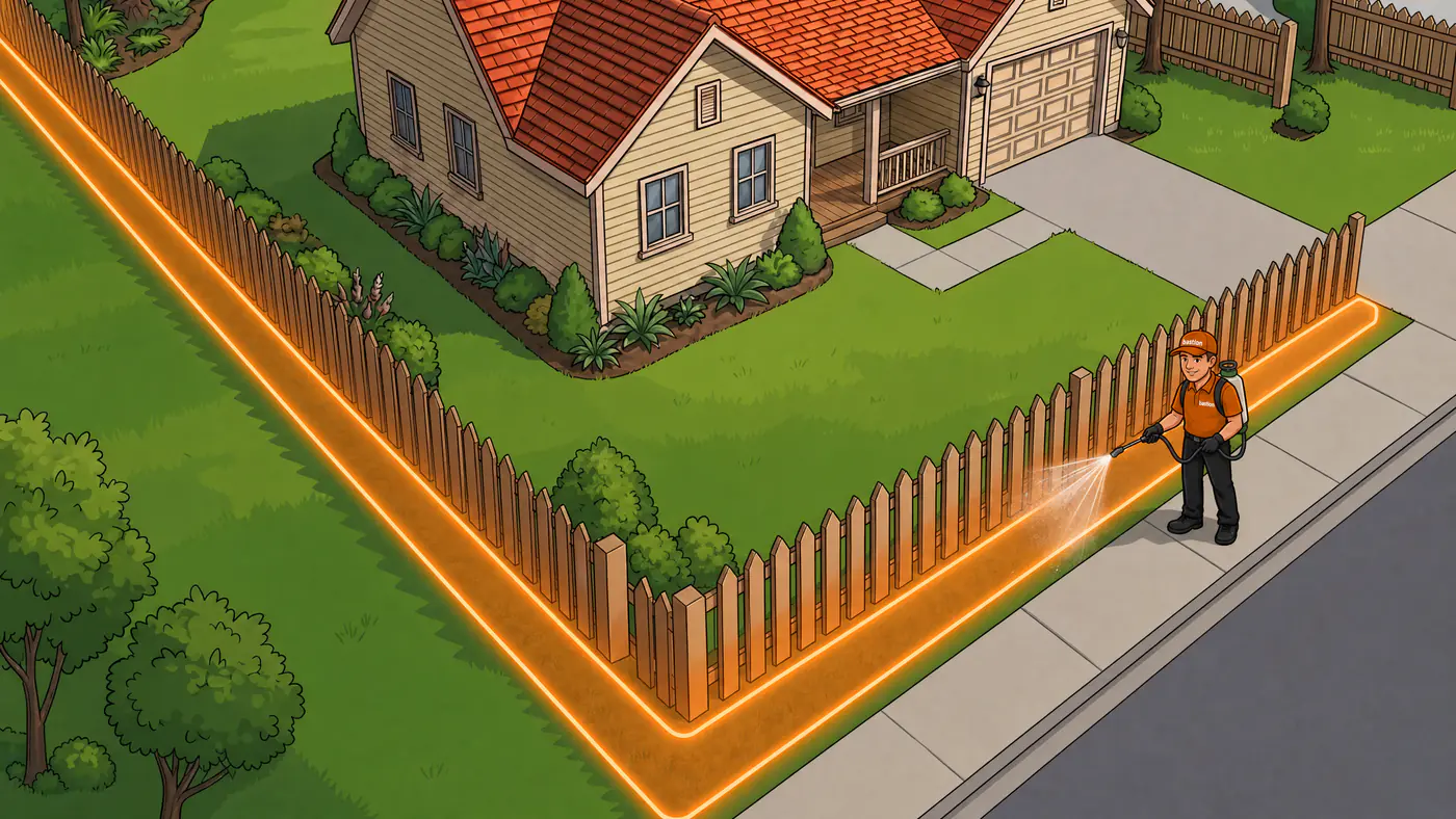 Cartoon of a Bastion Pest Control technician in an orange uniform spraying the full property line along the fence of an Austin, TX home. Layer three of the TriBarrier treatment