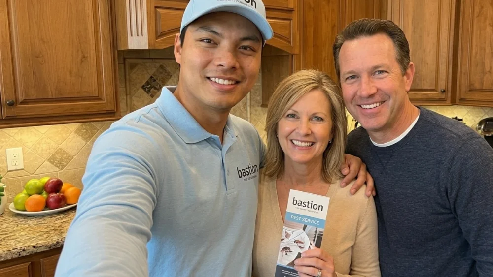 Bastion technician with happy homeowners
