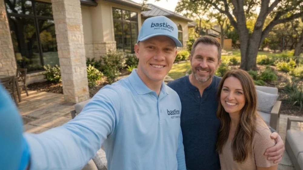 Bastion technician with homeowners in their living room