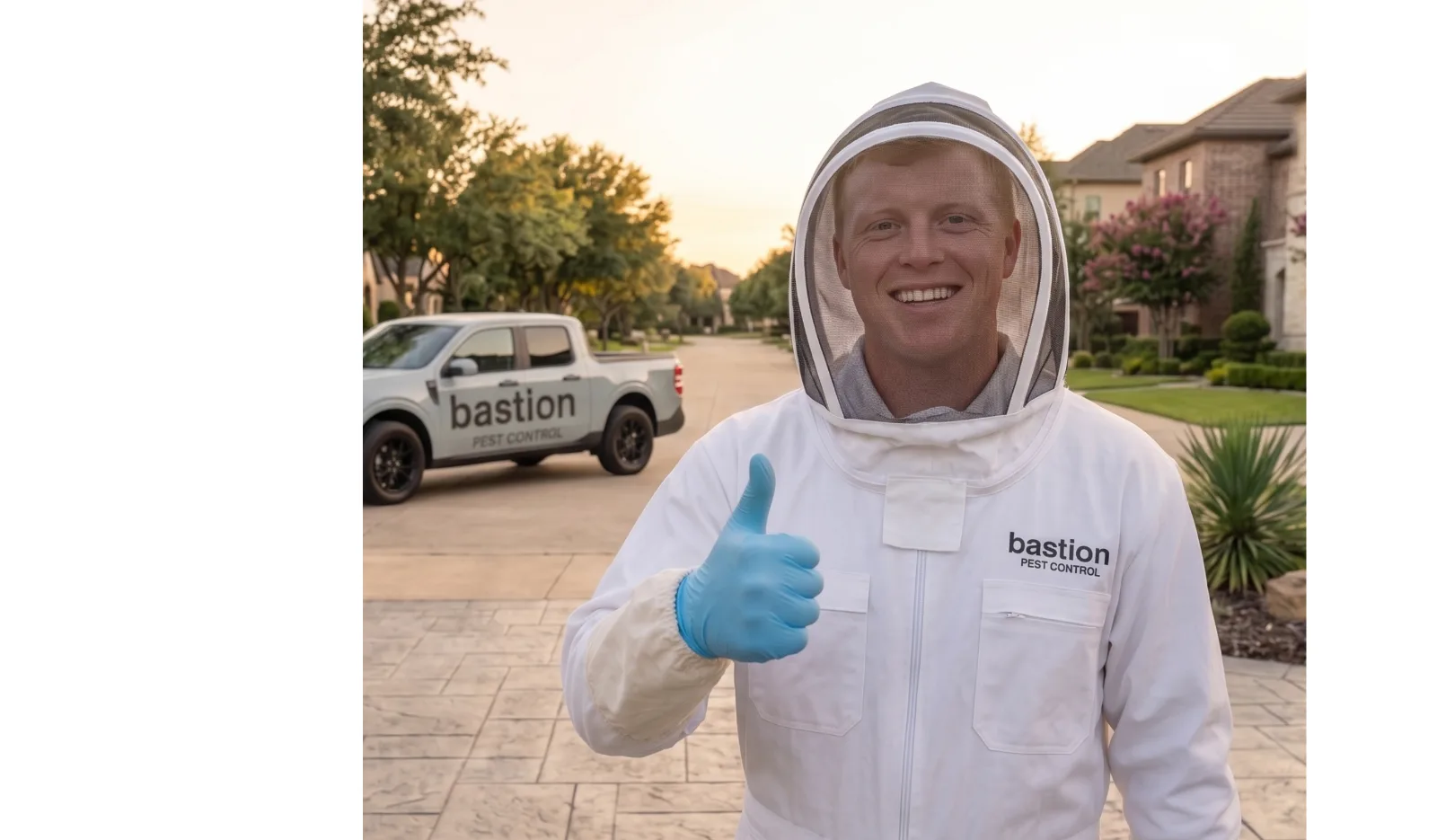 Bastion Pest Control technician performing bee control at an Austin, TX home