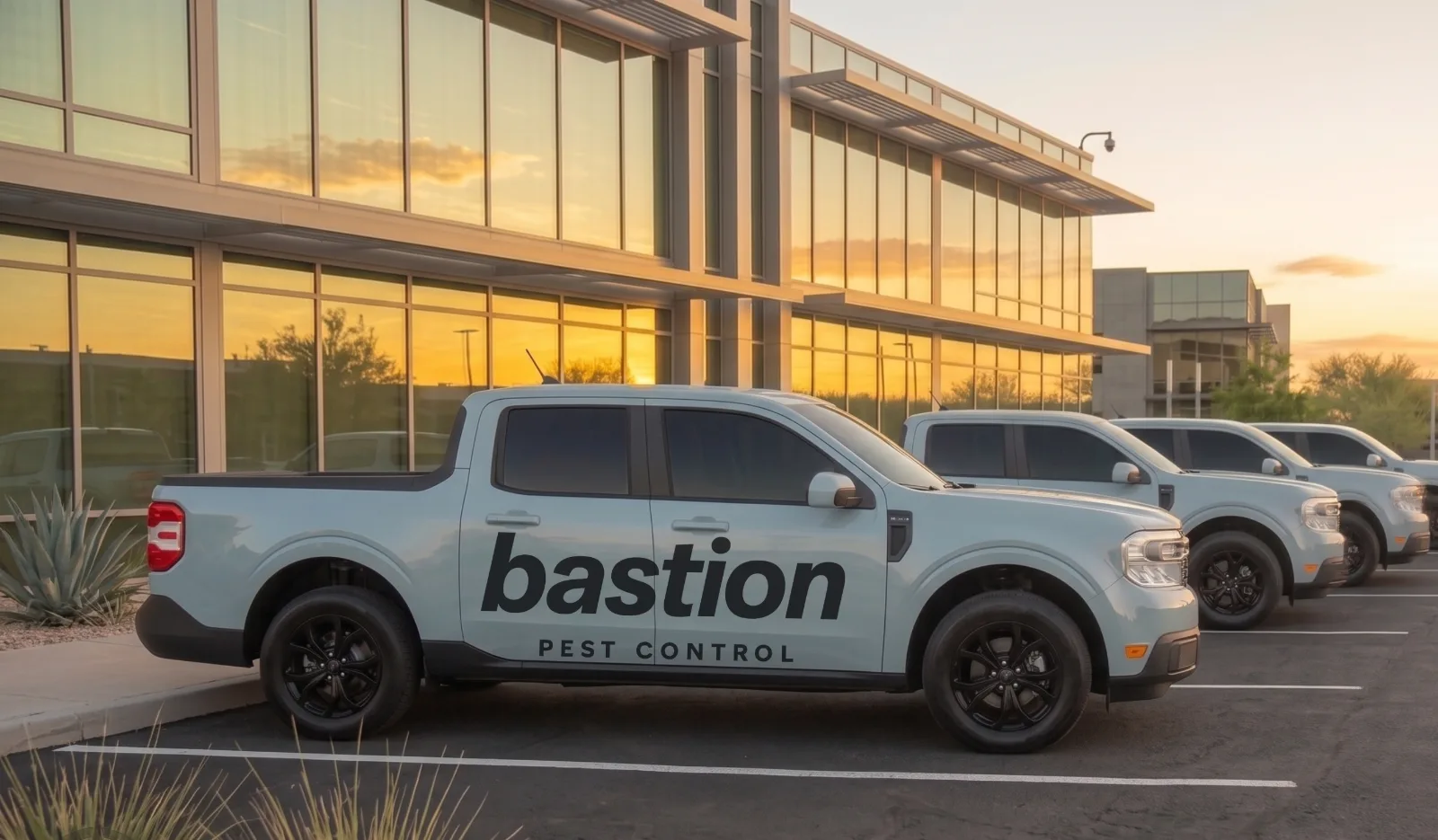 Bastion Light-Blue service trucks in a parking lot at sunset