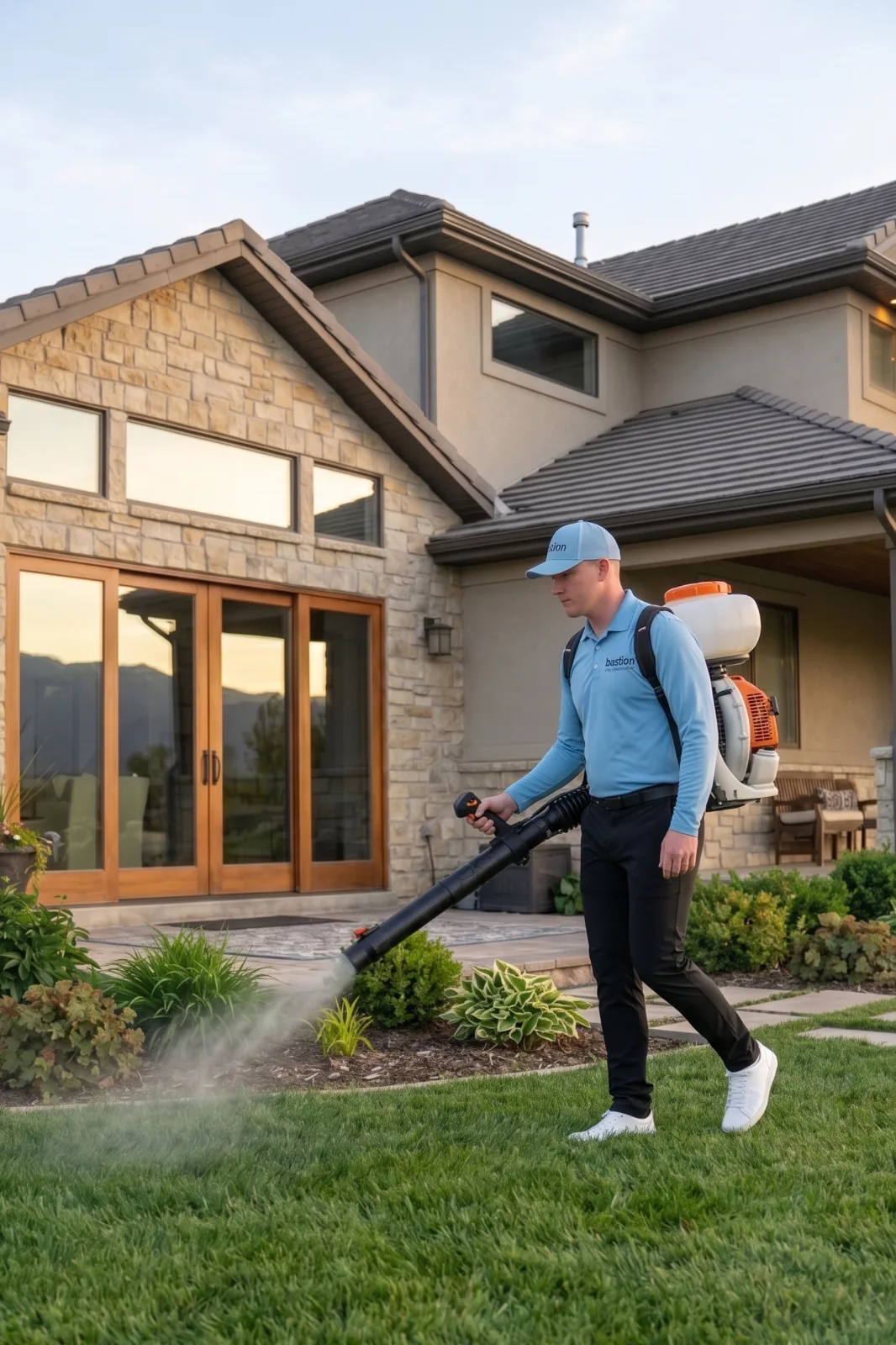 Bastion Pest Control technician treating a home in Pflugerville, TX