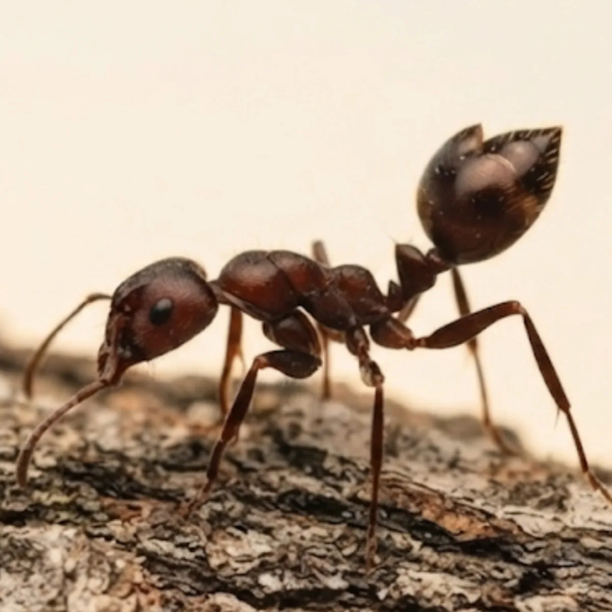 Acrobat ant (Crematogaster) on bark, holding its heart-shaped abdomen raised above its body