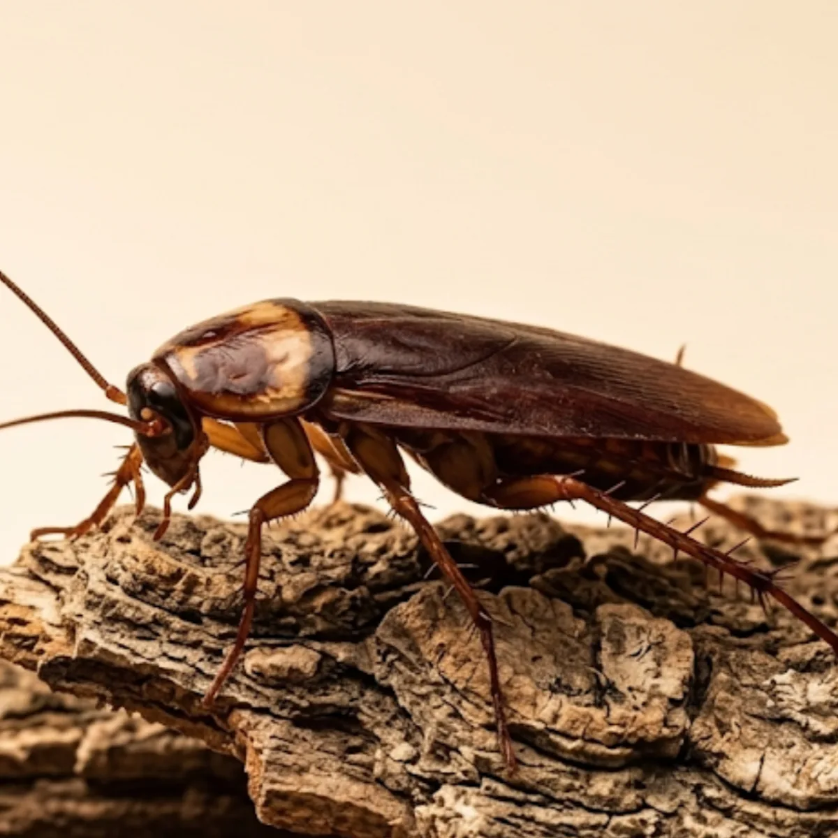 American cockroach (Periplaneta americana) on weathered wood, showing its large reddish-brown body and pale-edged shield behind the head
