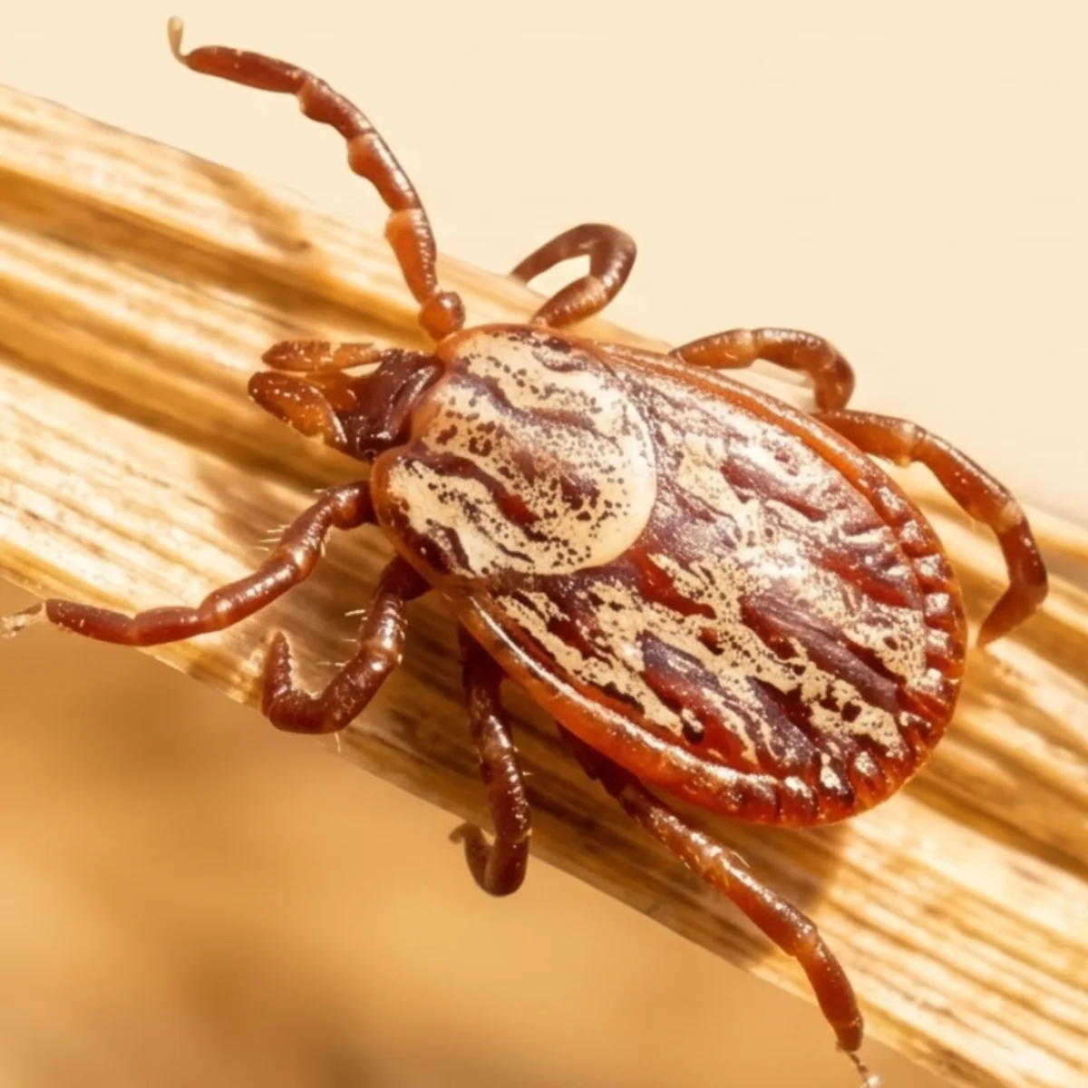 American dog tick (Dermacentor variabilis) on a dry grass blade, showing the mottled cream and brown markings across its back