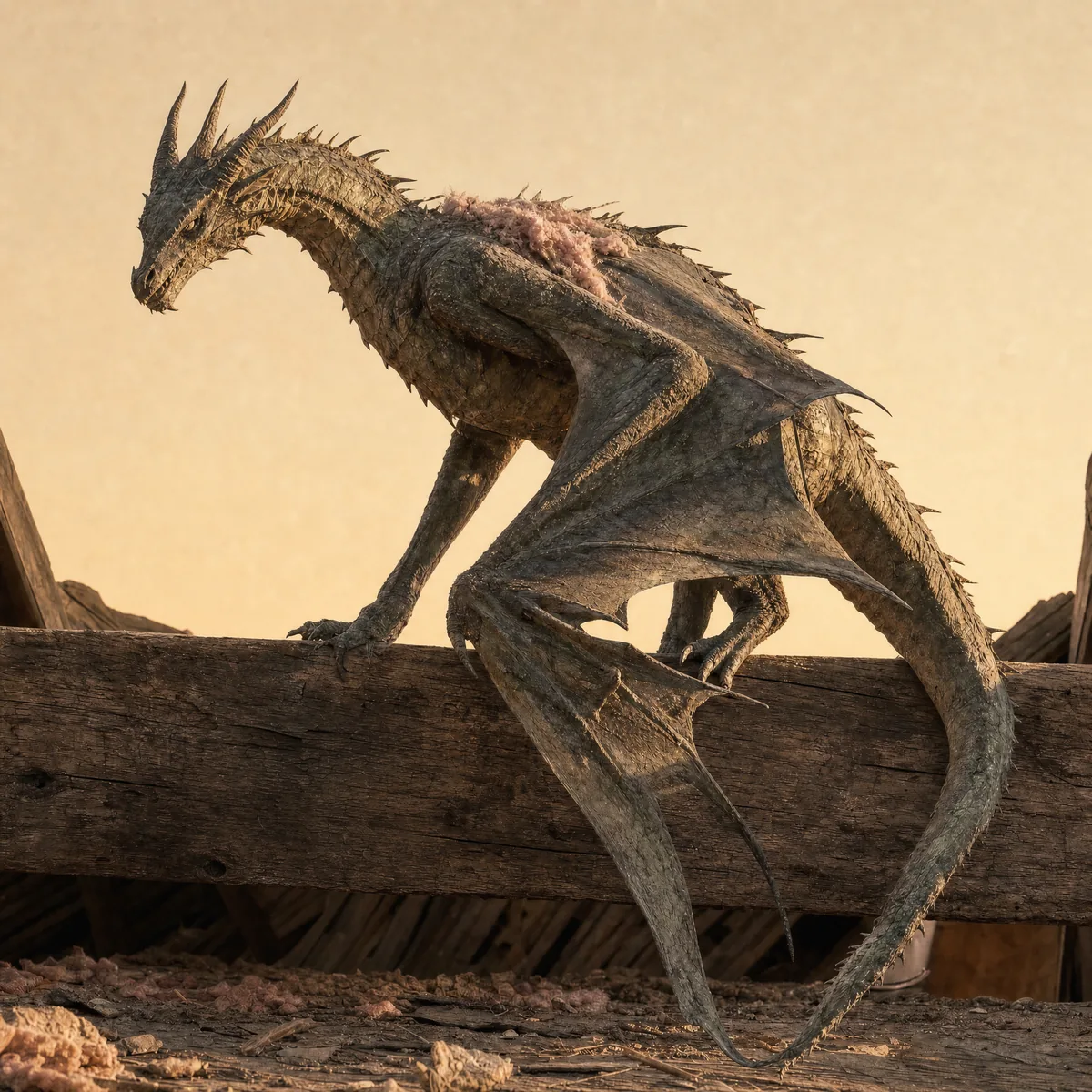 A full-grown attic wyvern the size of a large dog perched on a roof beam, showing its gray-green scales, two legs, folded wings and pink insulation on its back