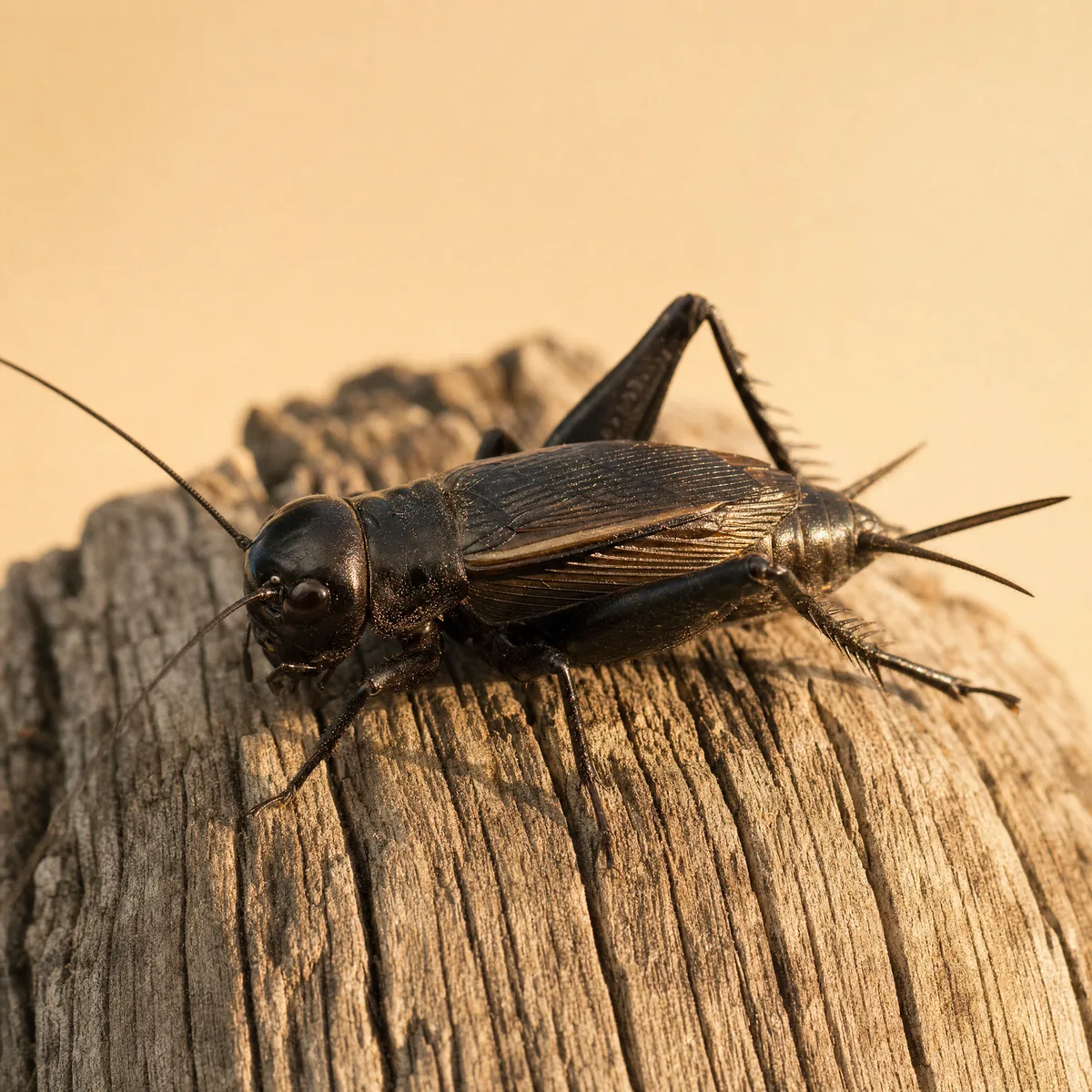 Black field cricket on weathered wood, showing its shiny dark body, folded wings, long antennae and big jumping legs