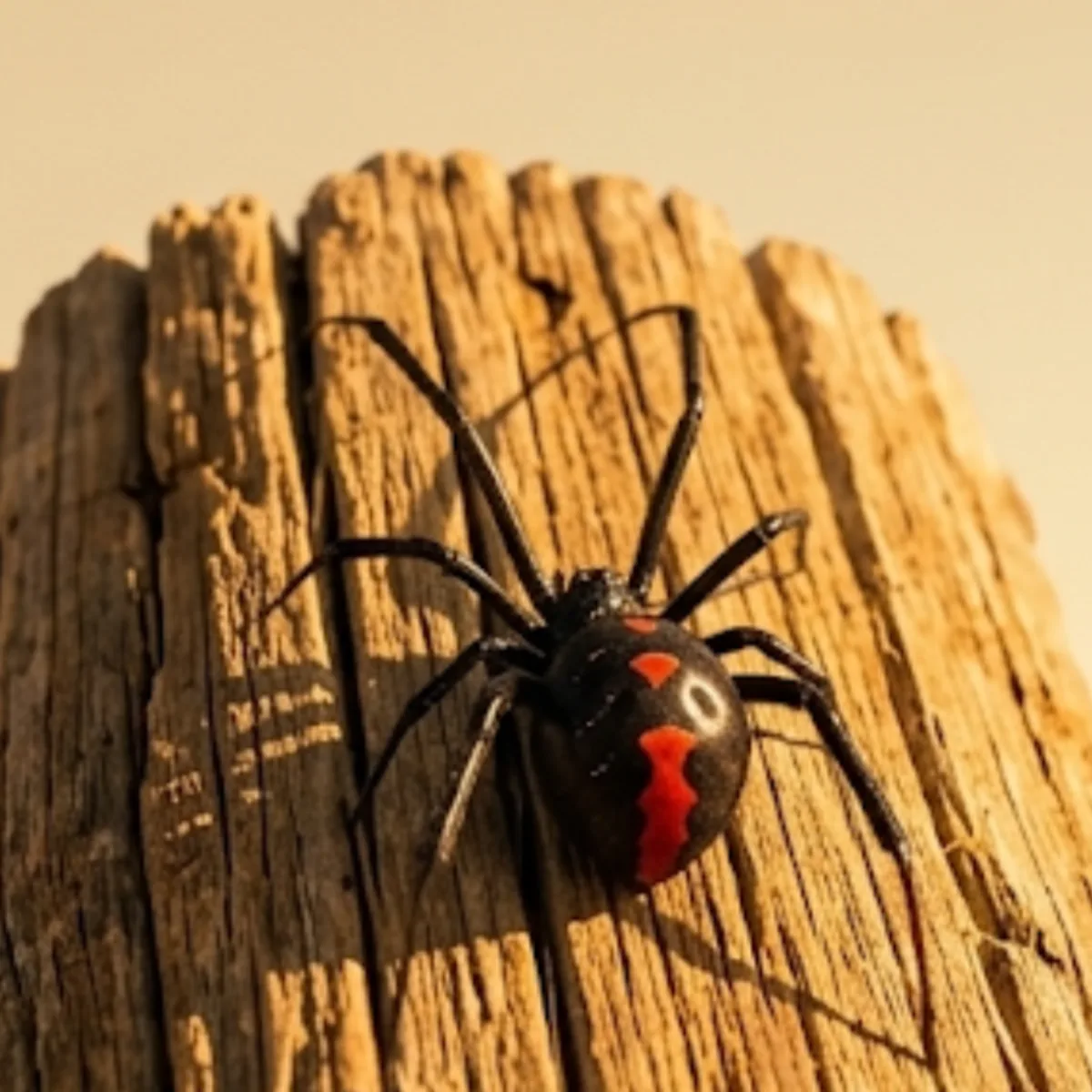 Black widow spider (Latrodectus mactans) on a weathered fence post, showing its glossy black body and red hourglass markings