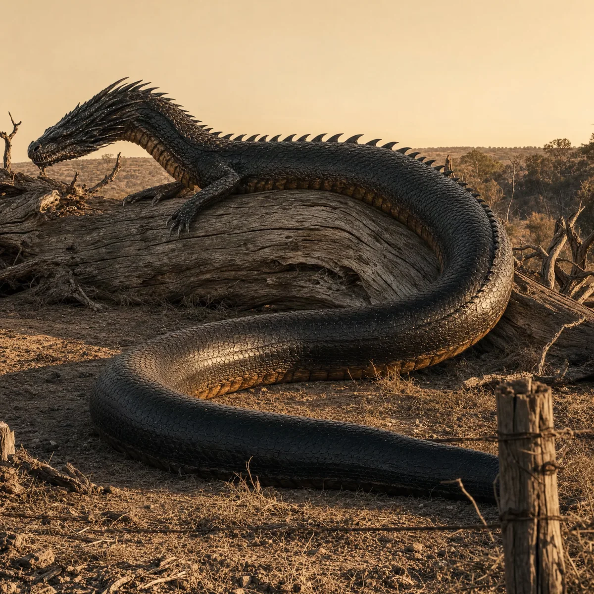 A full-grown blackland wyrm longer than a pickup truck coiled across a fallen tree, showing its wingless slate-black body