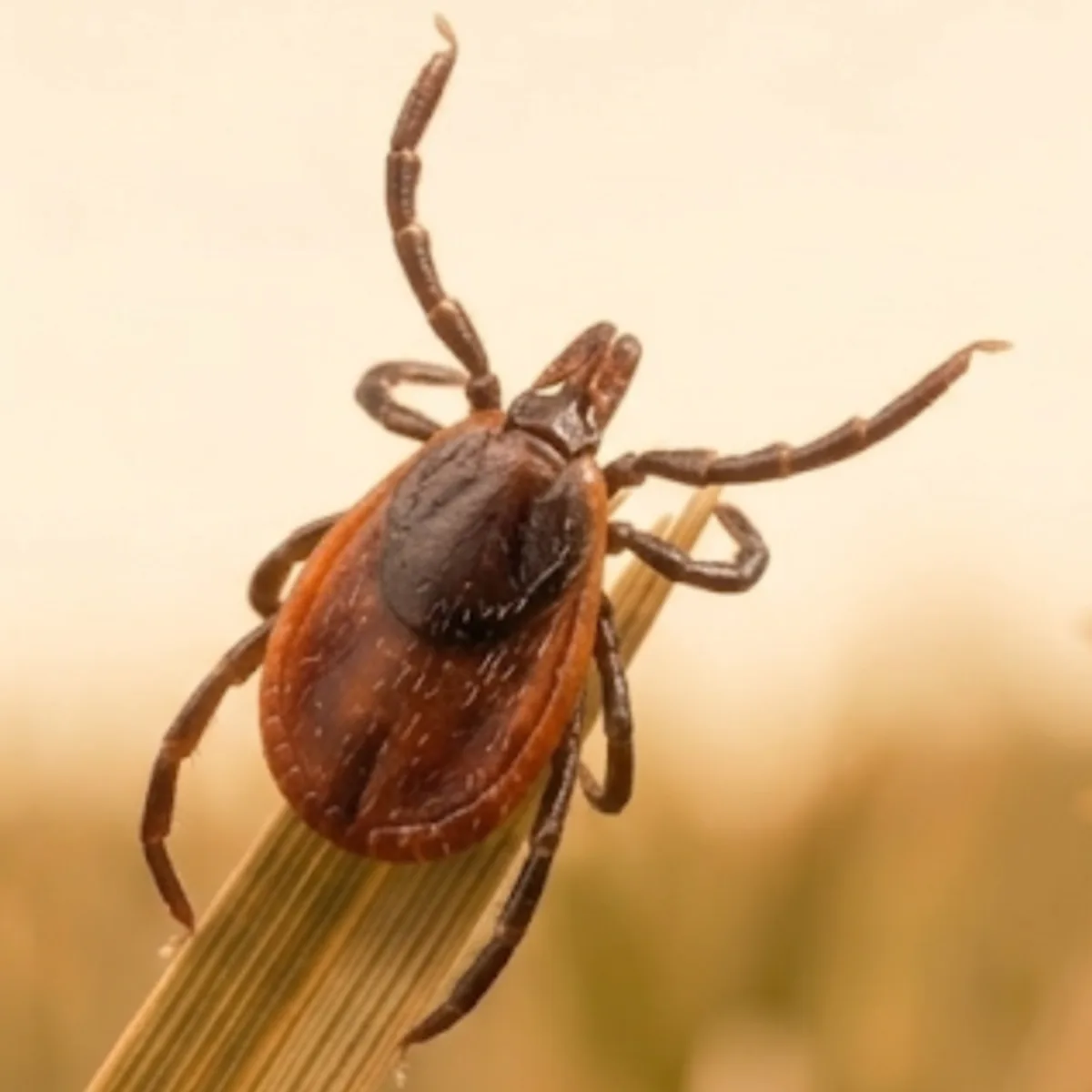 Blacklegged tick (Ixodes scapularis) on a grass stem, showing the dark shield behind the head and reddish body
