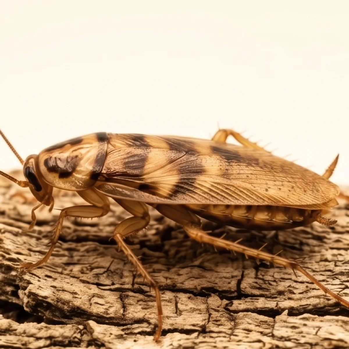 Brown-banded cockroach (Supella longipalpa) on weathered wood, showing the pale bands across its wings