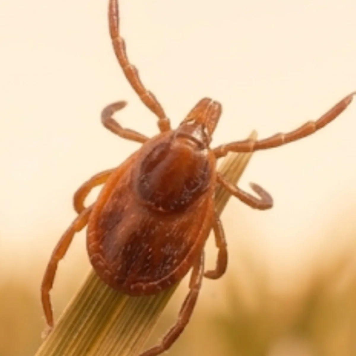 Brown dog tick (Rhipicephalus sanguineus) on a dry grass blade, showing its uniform reddish-brown body