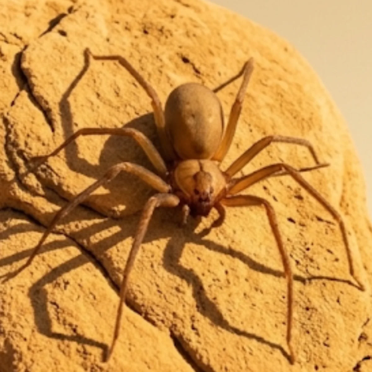 Brown recluse spider (Loxosceles) on a sunlit rock, showing its tan body and long, evenly colored legs