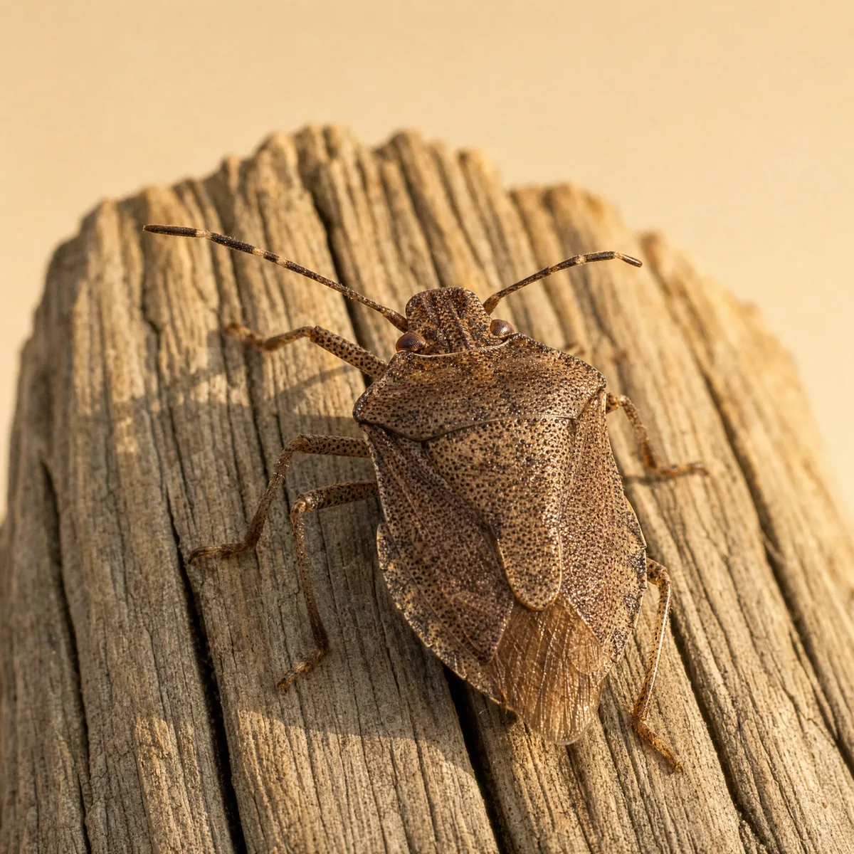 Brown stink bug on weathered wood, showing its speckled grayish-brown shield-shaped body