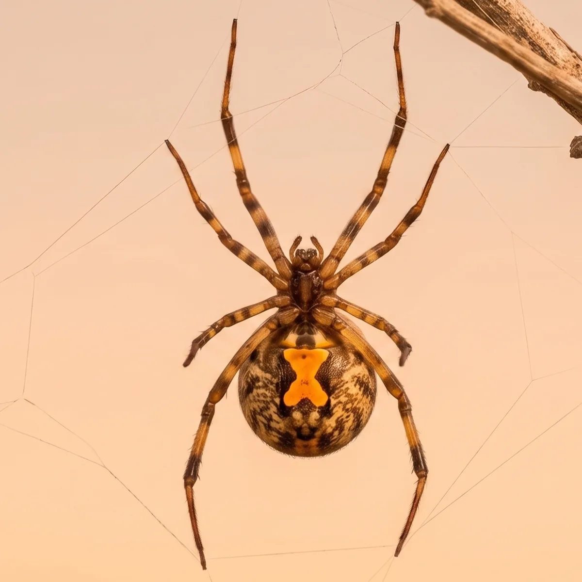 Brown widow spider (Latrodectus geometricus) hanging beneath its web, showing the orange hourglass marking on the underside of its abdomen