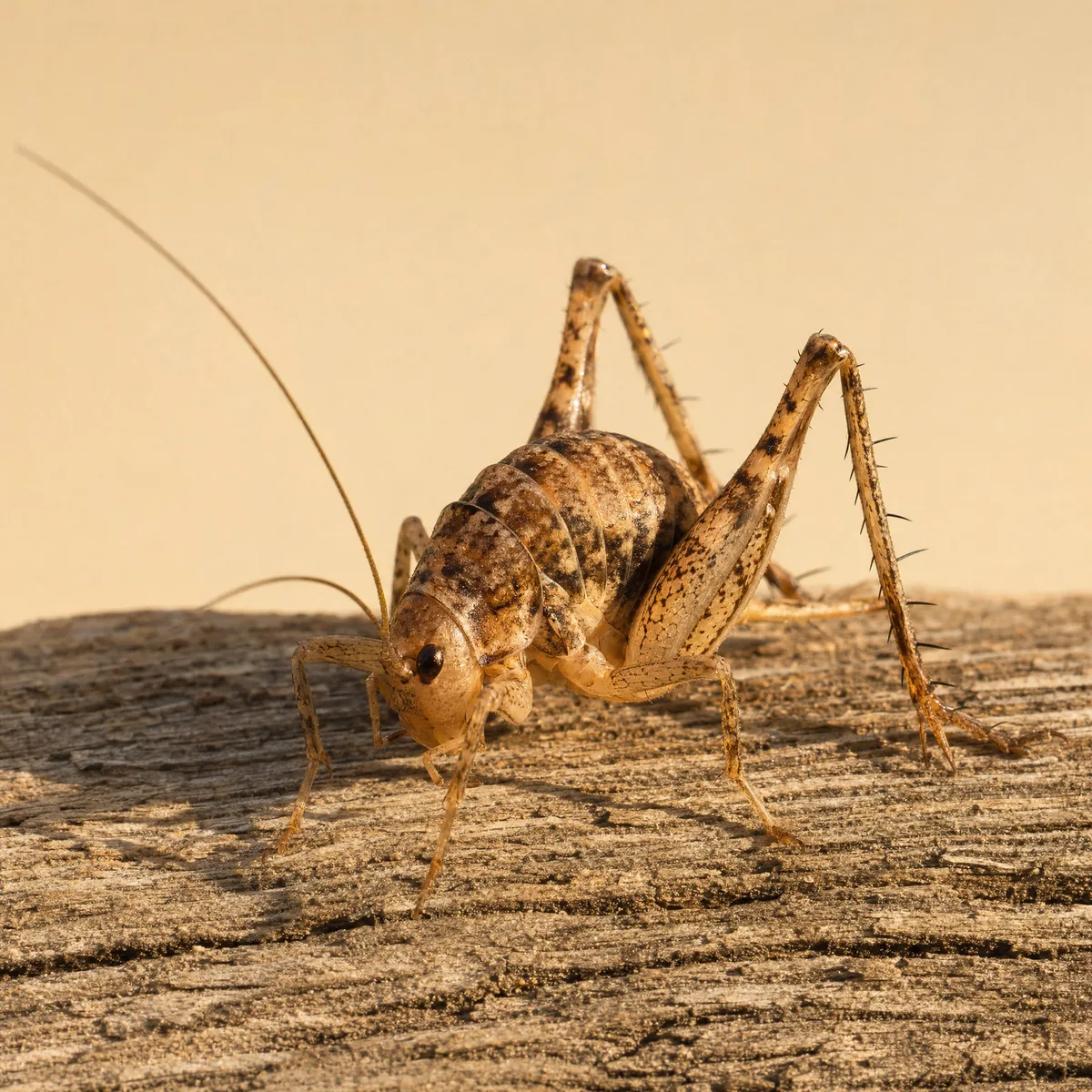 Camel cricket on weathered wood, showing its tan humpbacked wingless body, very long antennae and long hind legs