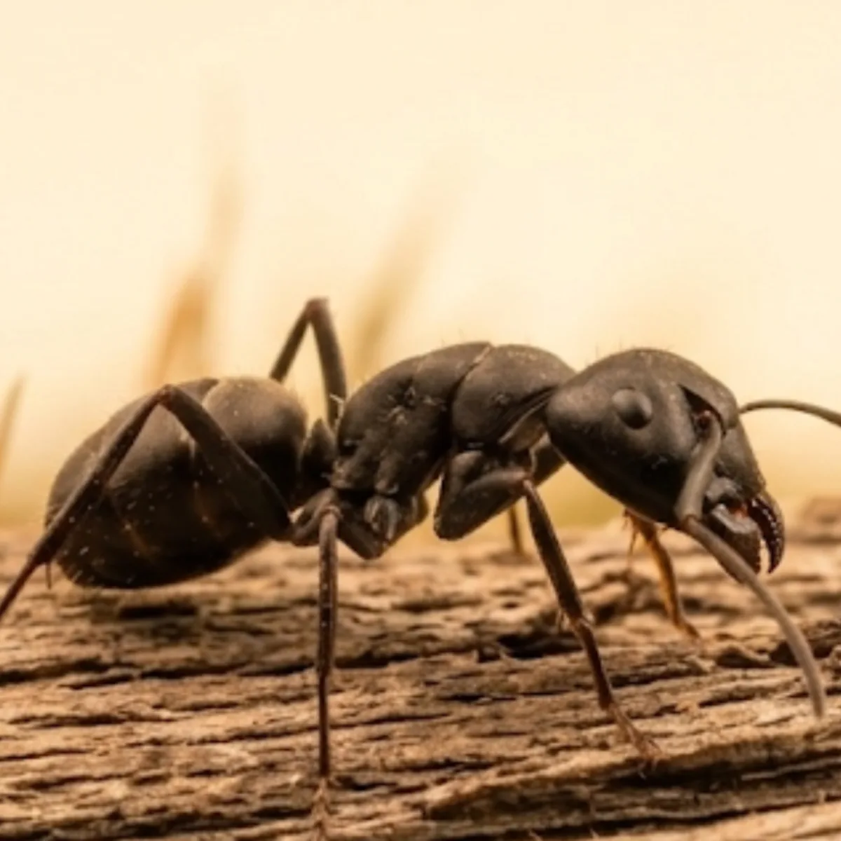 Carpenter ant (Camponotus) on weathered wood, showing its large glossy black body and evenly rounded thorax