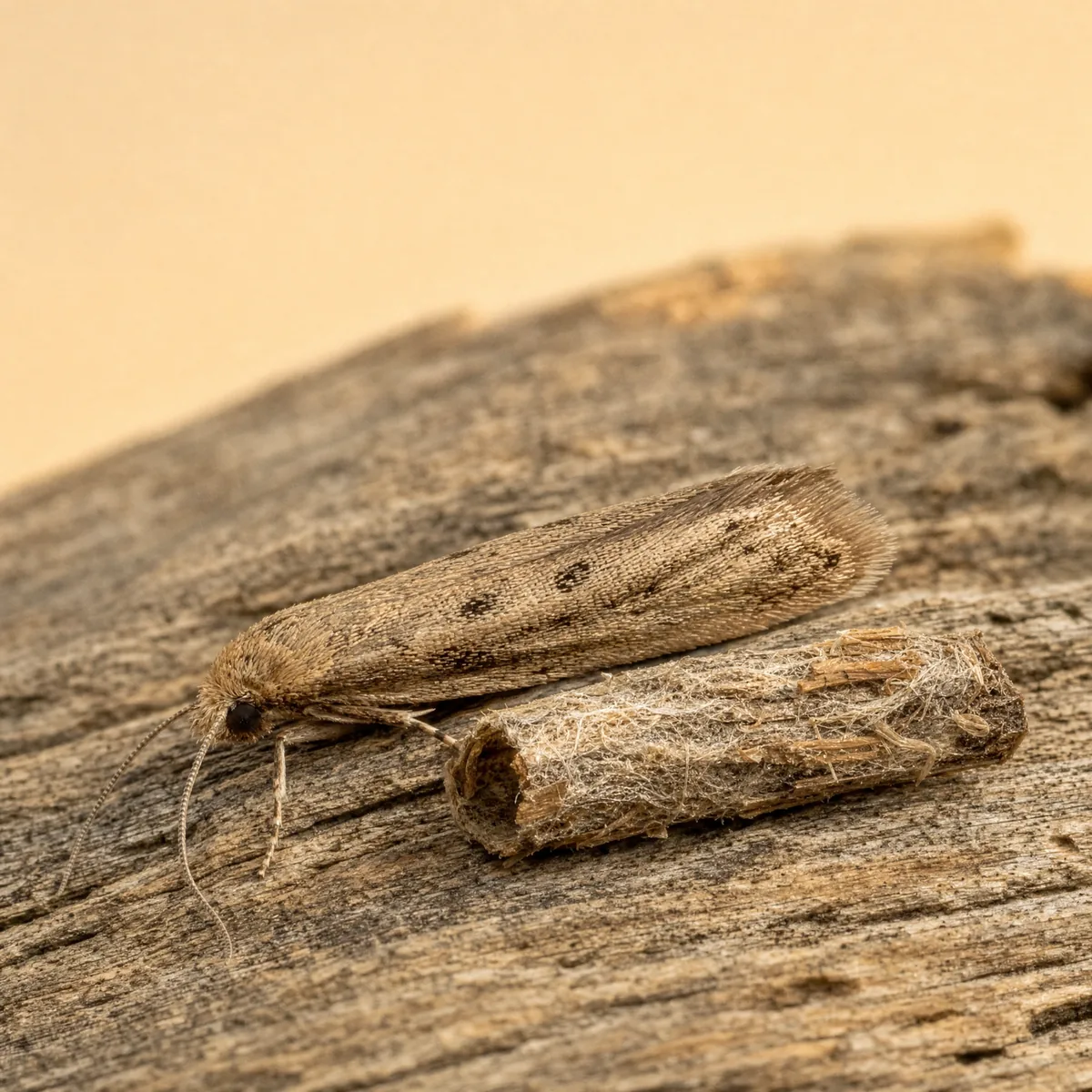 Casemaking clothes moth on weathered wood, showing its brownish wings with faint dark spots beside a silken larval case