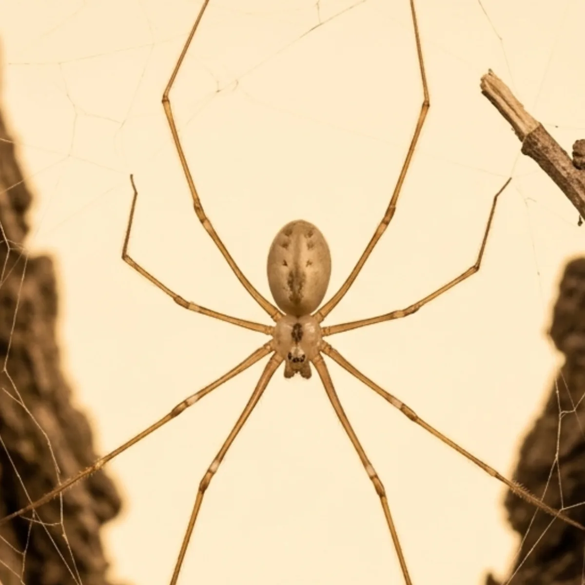 Cellar spider (family Pholcidae) hanging in a large tangled web, showing its long, thin legs