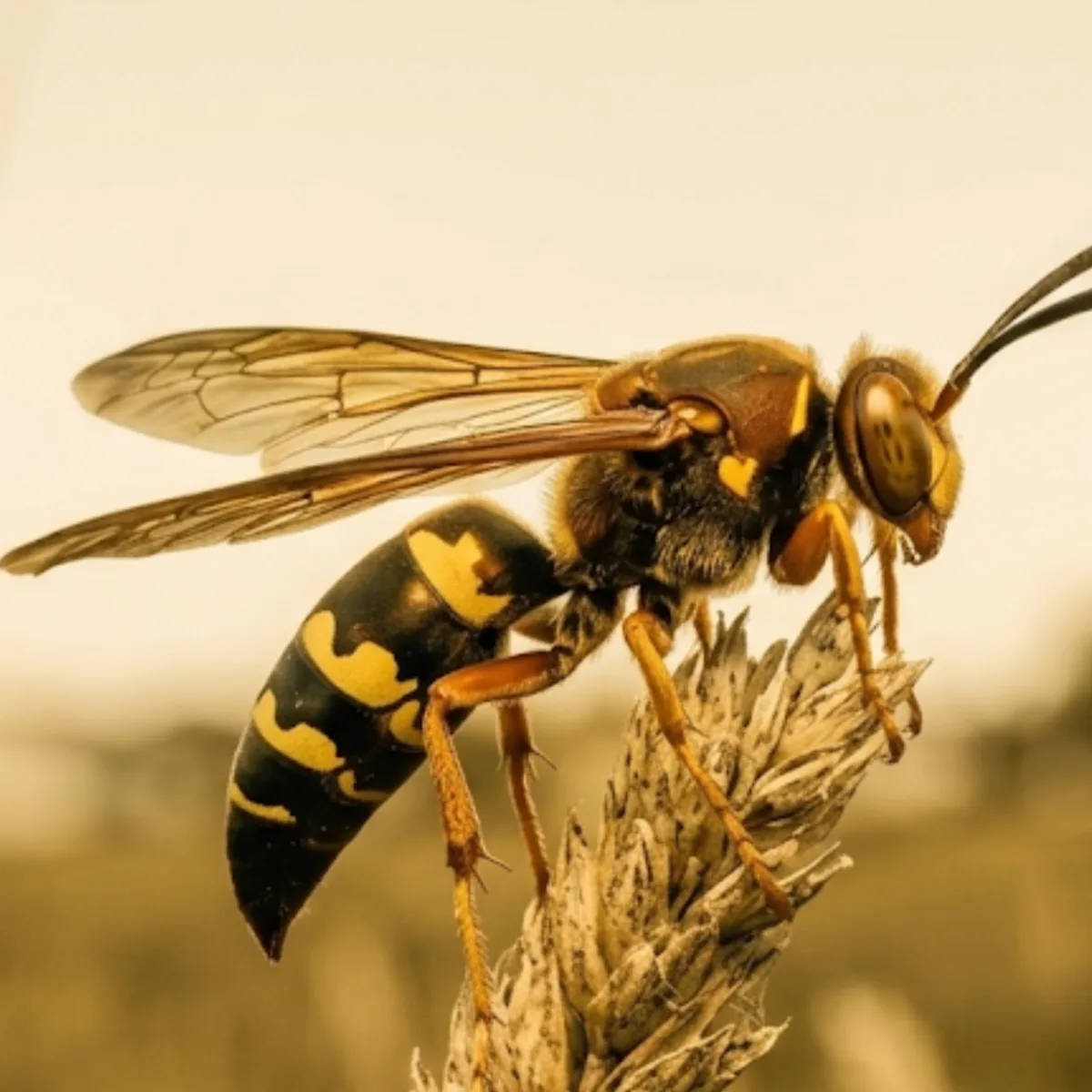 Cicada killer wasp (Sphecius speciosus) perched on a dry seed head, showing its large body and yellow-marked abdomen