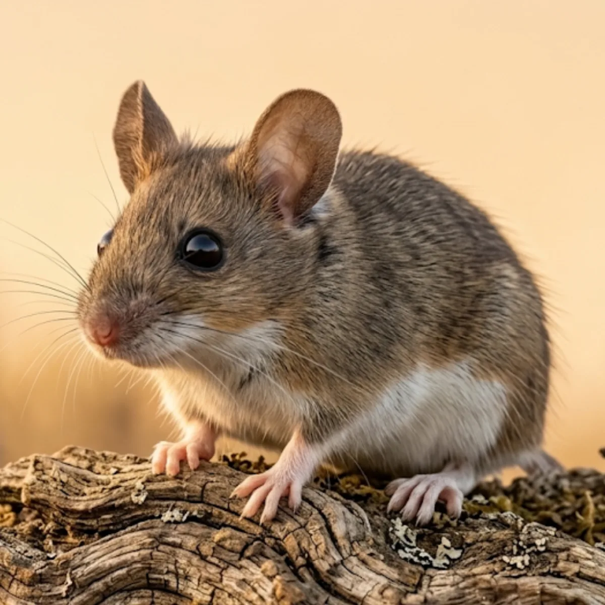 Deer mouse (Peromyscus) on weathered wood, showing its two-tone brown and white coat and large dark eyes