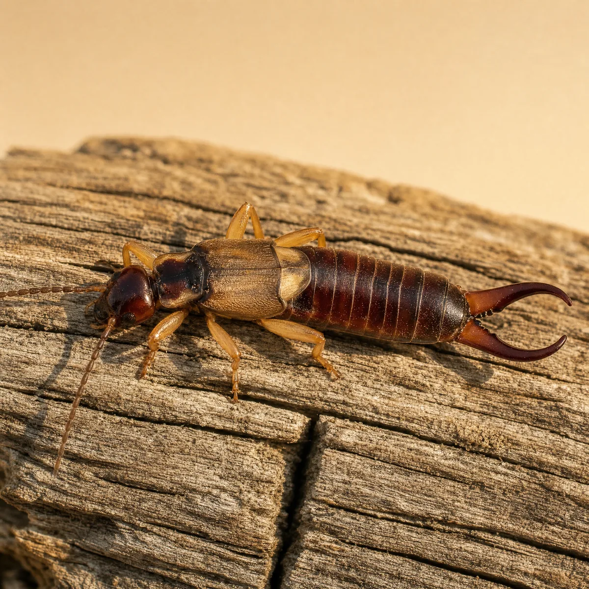 European earwig on weathered wood, showing its reddish-brown body, pale wing covers and strongly curved pincers