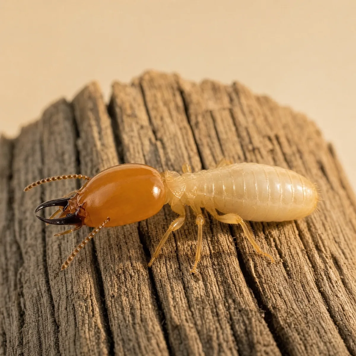 Formosan subterranean termite soldier (Coptotermes formosanus) on weathered wood, showing its teardrop-shaped orange-brown head