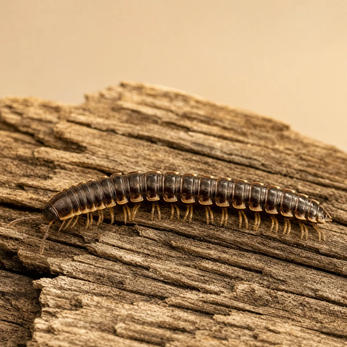Garden millipede (Oxidus gracilis) on weathered wood, showing its dark segmented body and two pairs of legs per segment