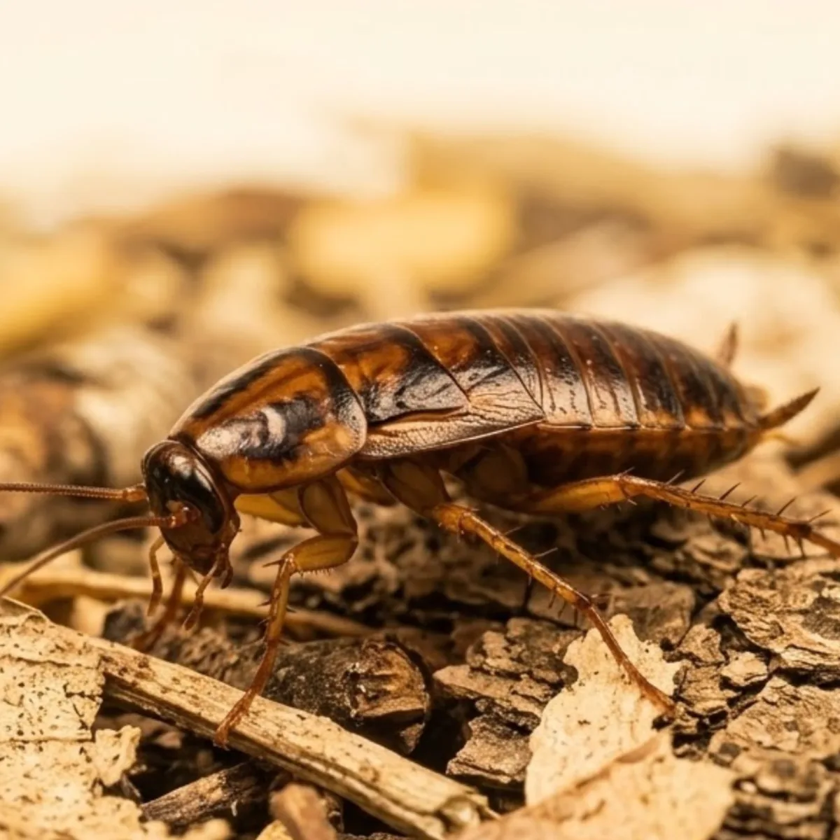 German cockroach (Blattella germanica) on wood debris, showing its tan body and two dark stripes behind the head