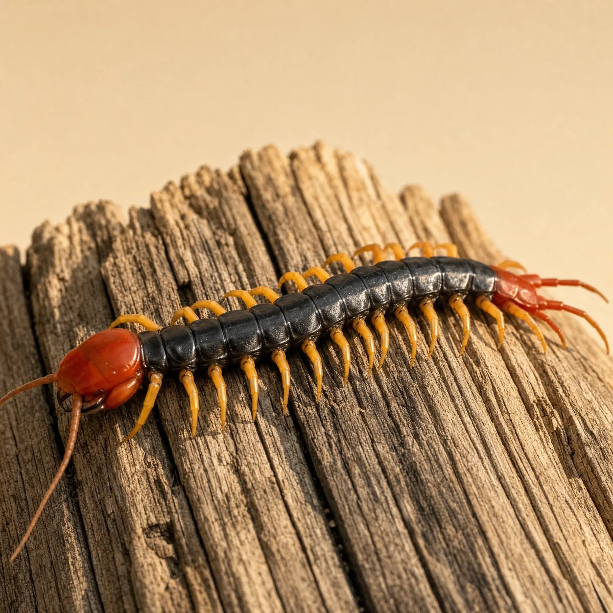 Giant redheaded centipede (Scolopendra heros) on weathered wood, showing its red head, dark body and yellow legs