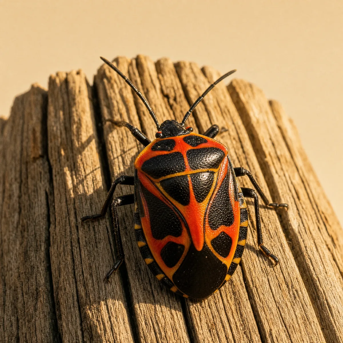 Harlequin bug on weathered wood, showing its glossy black shield with bright red-orange and yellow markings