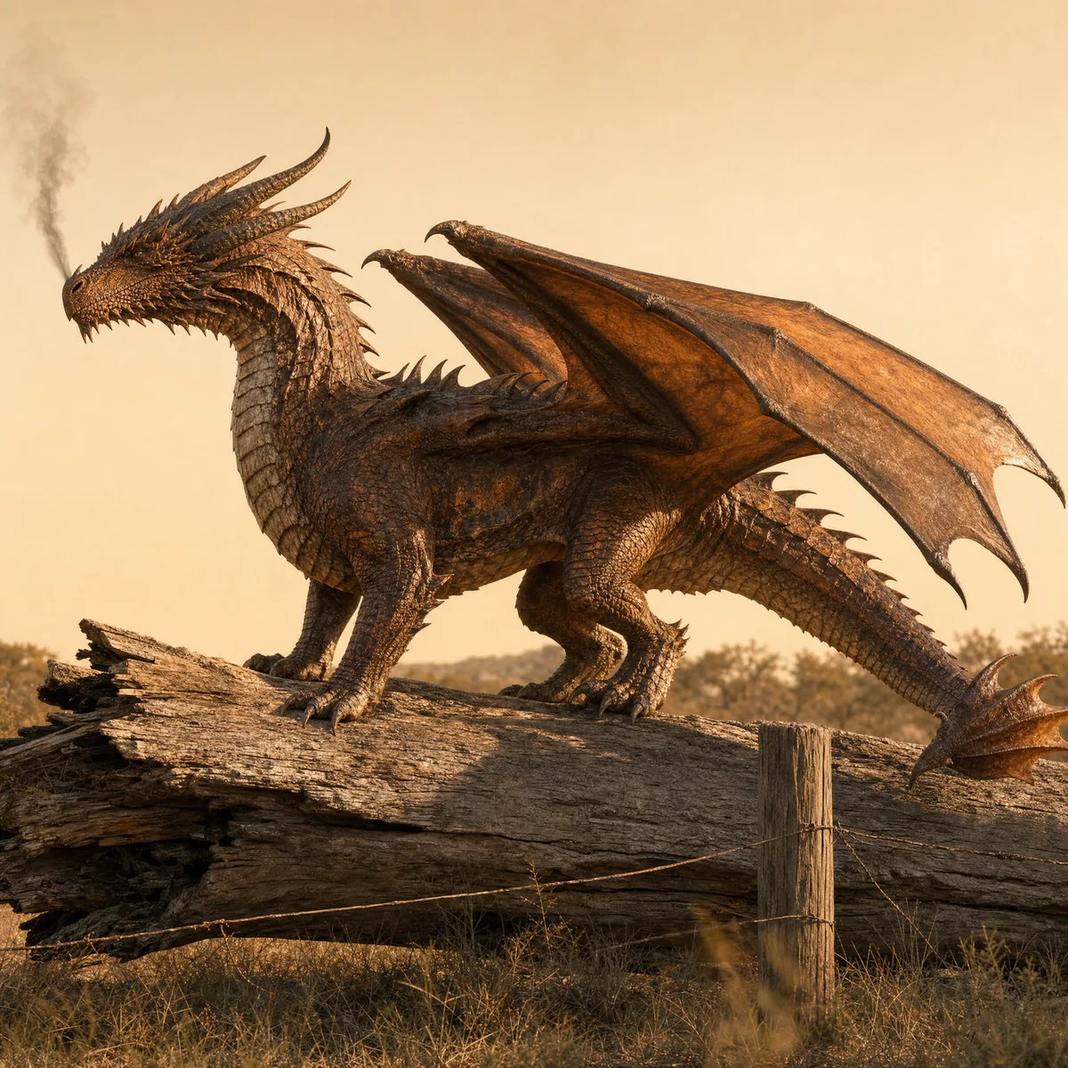 A full-grown Hill Country fire drake the size of a draft horse standing on a fallen tree, showing its bronze and orange scales, huge wings and a curl of smoke from its nostrils