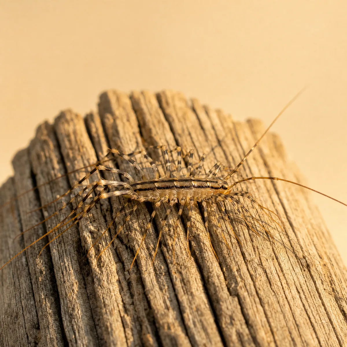 House centipede (Scutigera coleoptrata) on weathered wood, showing its striped body and fifteen pairs of long banded legs
