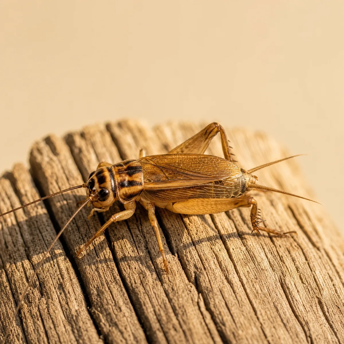 House cricket on weathered wood, showing its yellowish-brown body and dark bands across the head