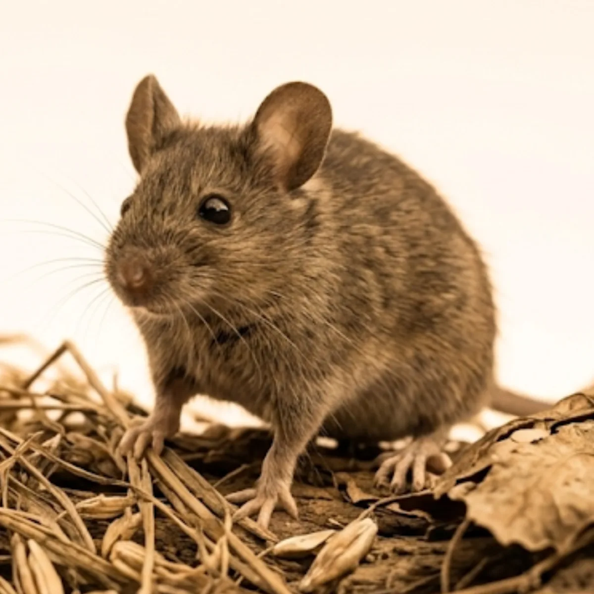 House mouse (Mus musculus) on dry plant debris, showing its small gray-brown body and large ears