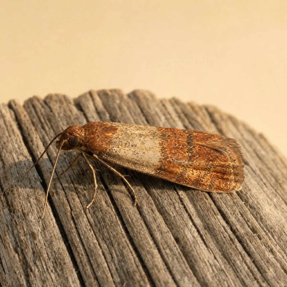 Indian meal moth on weathered wood, showing its two-toned wings, pale near the body and coppery bronze at the tips