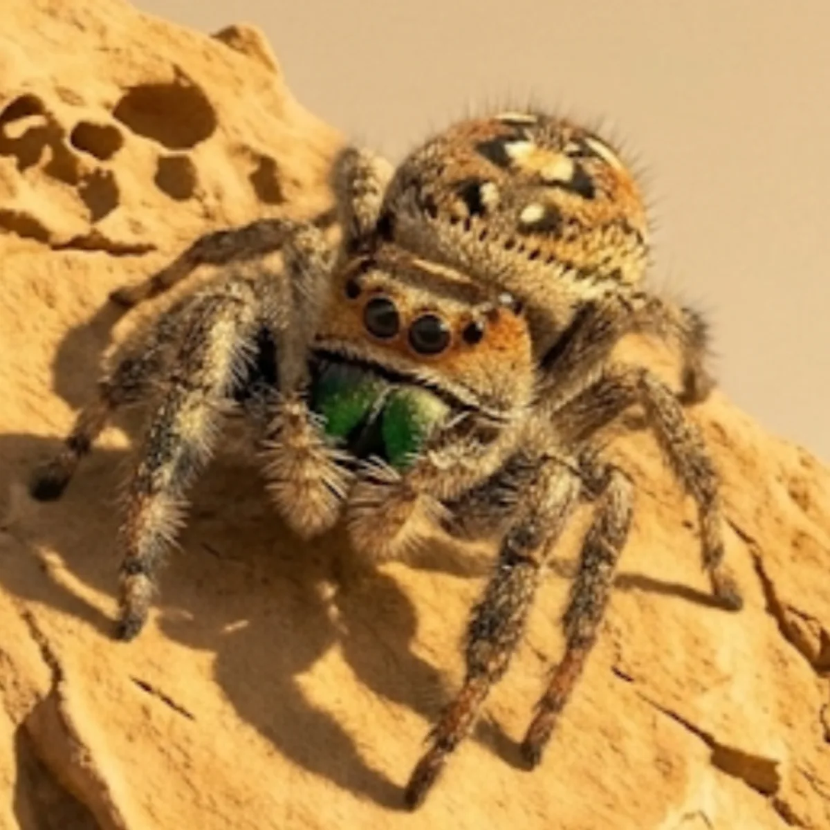 Jumping spider (family Salticidae) on a rock, showing its large forward-facing eyes and compact hairy body